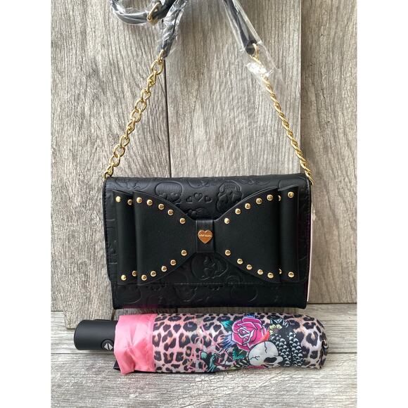 Betsey Johnson Skull Bow Crossbody Wallet & Ed Hardy Umbrella - Picture 1 of 13